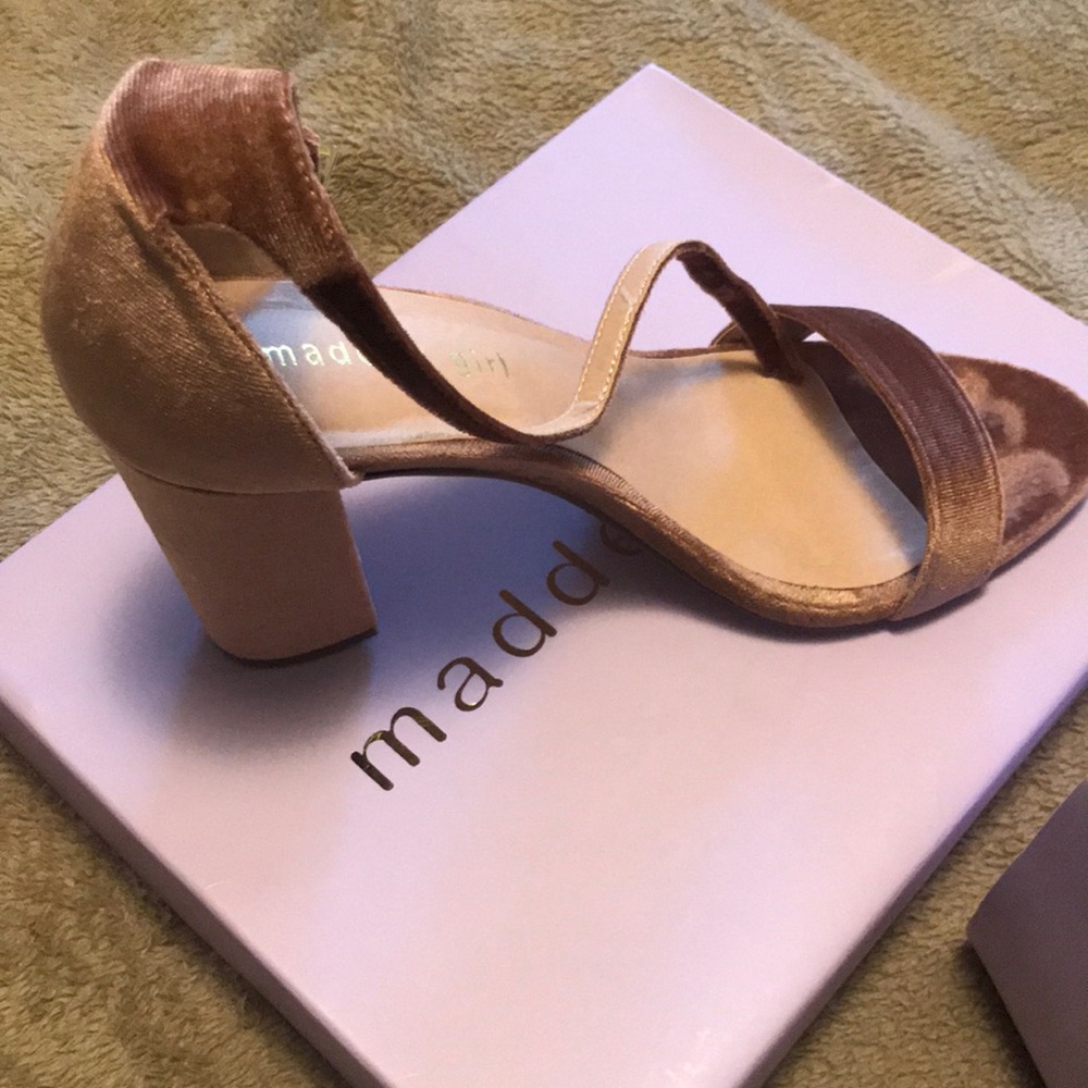 Pink champagne suede open toe block heels